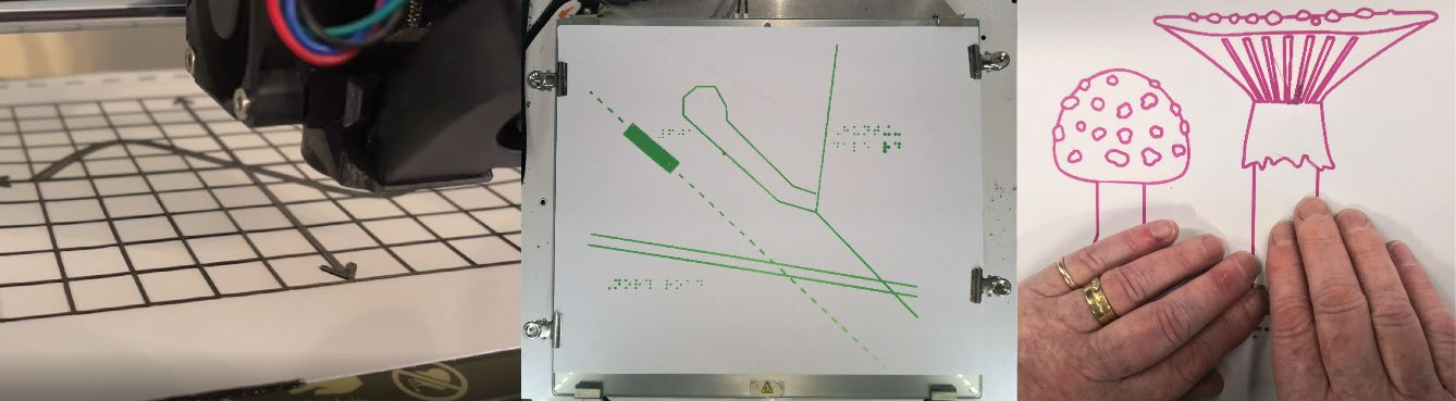 Left: an FDM 3D printer laying a single layer of filament onto a sheet of paper. Middle: a finished tactile diagram with braille labels, still clipped to the print bed. Right: hands touch-reading a 3D printed diagram of two mushrooms.