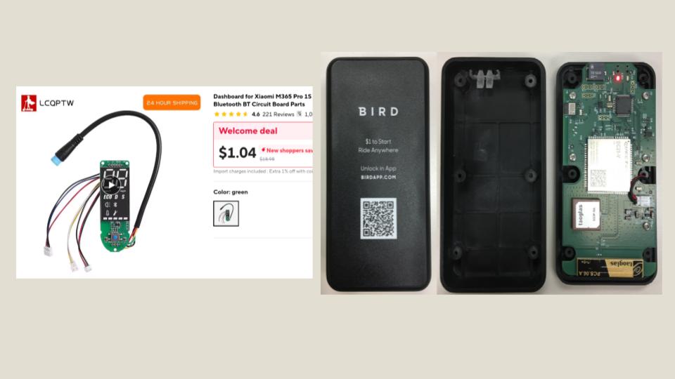 Left: a replacement M365 dashboard on AliExpress for $1.04. Right: a Bird brain, closed and opened.