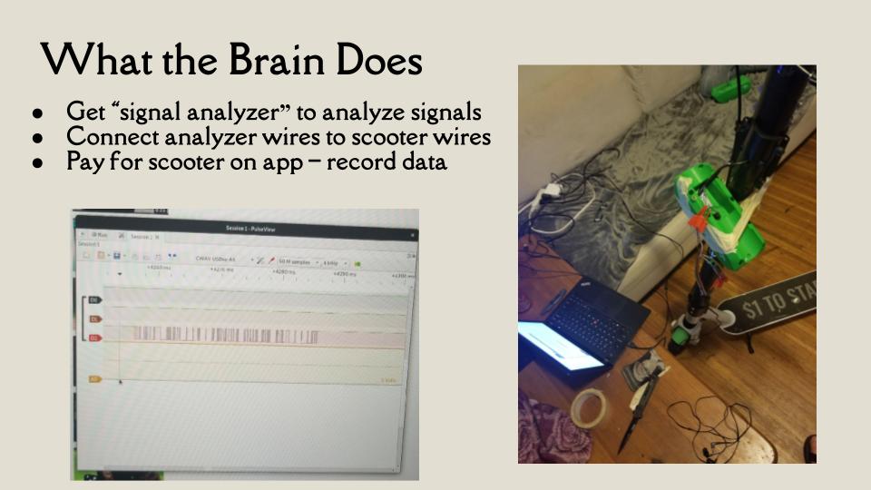 Left: the capture in PulseView. Right: my "lab," a scooter wired to a laptop in my living room.