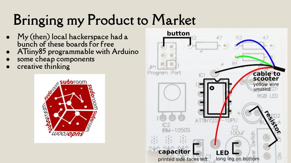 The donated Sudo Room board, annotated with where each part and the scooter cable go