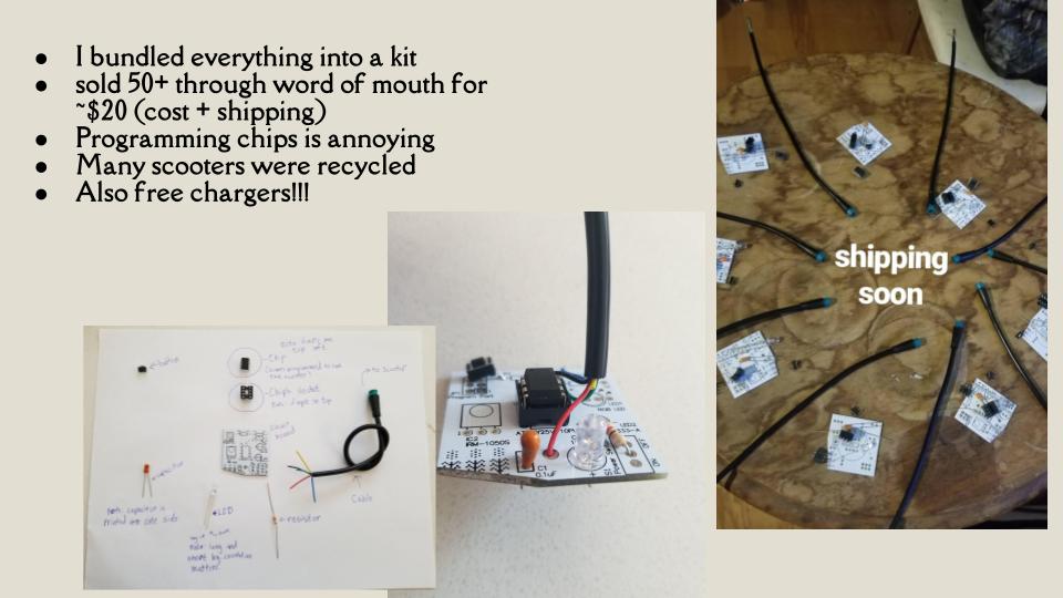The kits: the parts, an assembled board, and a table of kits ready to ship