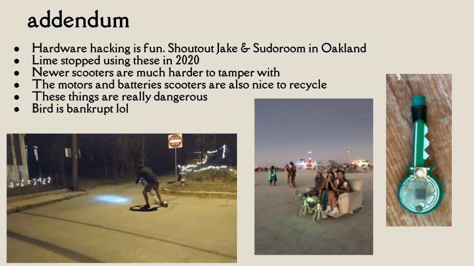A recycled scooter at night, a scooter-powered couch at Burning Man, and a Lime key
